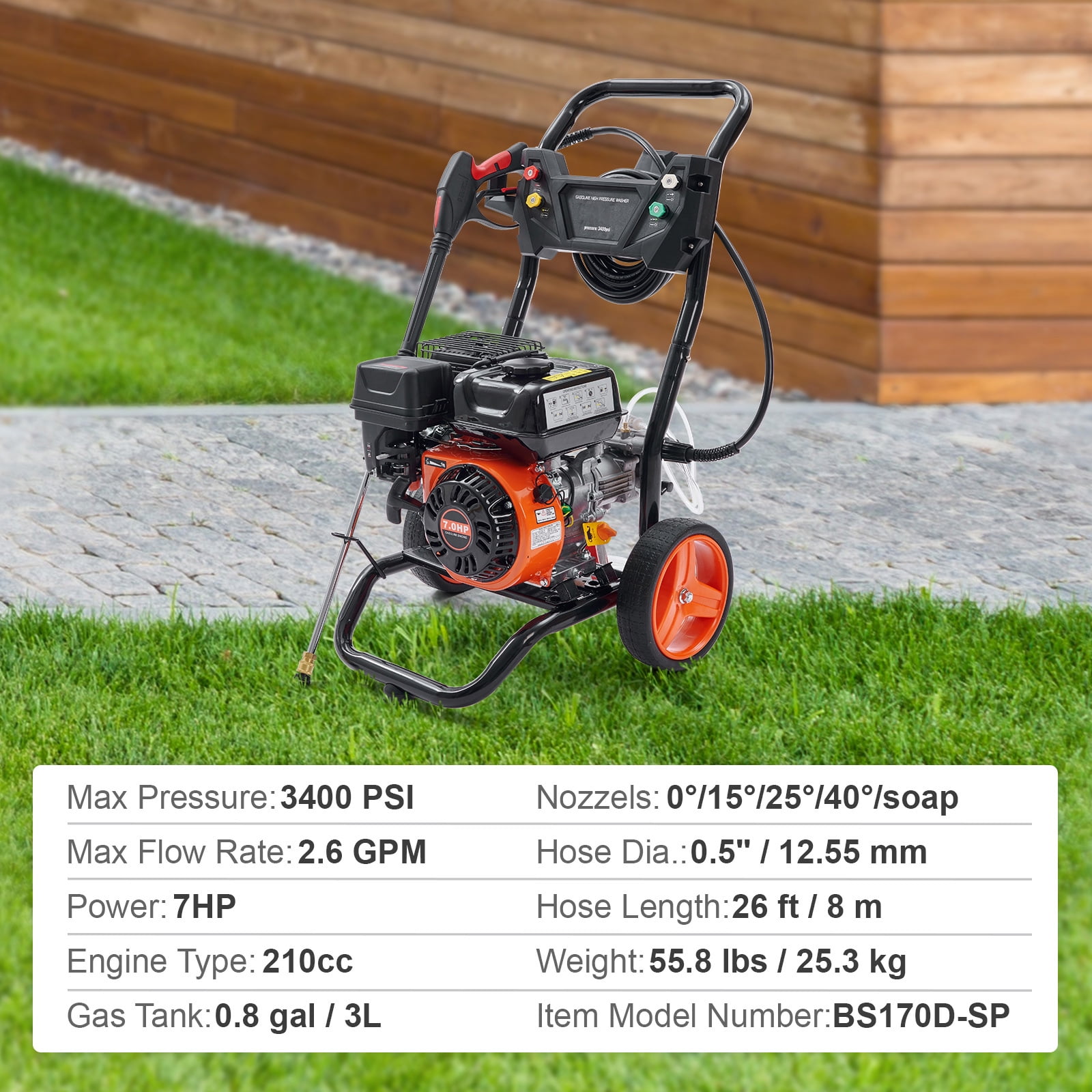 VEVOR 3400 PSI 2.6 GPM Gas Pressure Washer w/26 ft High Pressure Hose 5 Nozzles Gas Powered Washer