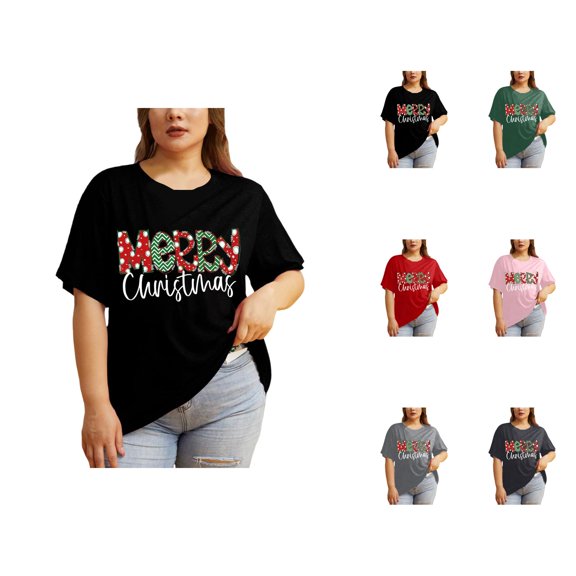 Merry Christmas Tshirts Women Plus Size Short Sleeve Casual Crewneck Merry Christmas Graphic Tee Shirts Holiday Party Tops