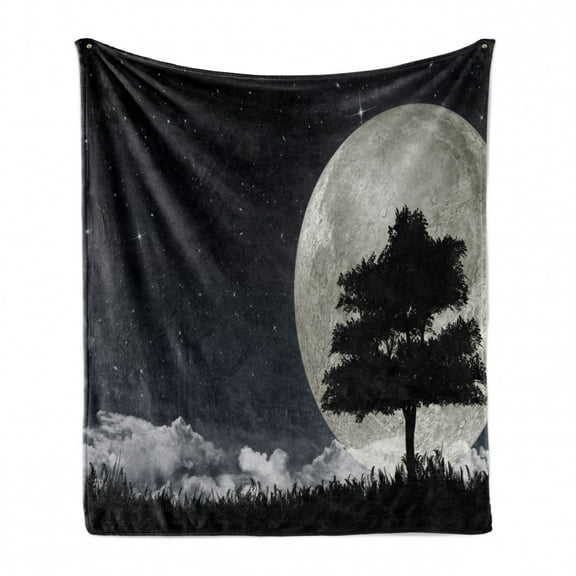 Night Soft Flannel Fleece Throw Blanket, Silhouette of a Tree Against Giant Moon Starry Sky, Cozy Plush for Indoor and Outdoor Use, 70" x 90", Grey Black Charcoal Grey, by Ambesonne