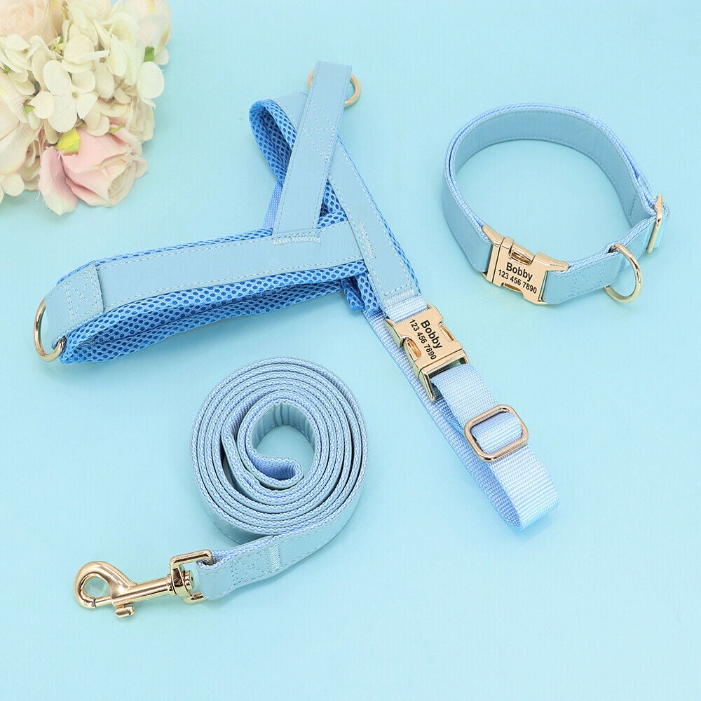 Pet Artist 3pcs Personalized Dog Harness & Collar & Leash set Metal ID Name Metal Buckle Mesh Padded Adjustable
