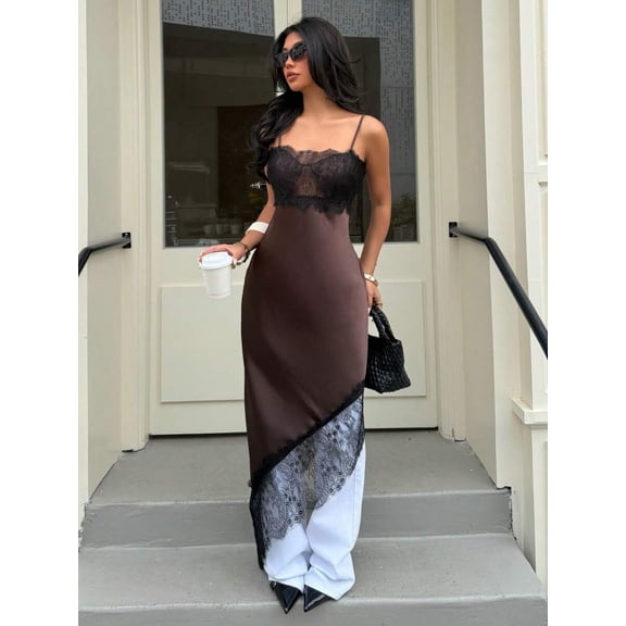 Brown Asymmetric Lace Satin Slip Dress With Sheer Overlay, Elegant European Style Maxi Dress
