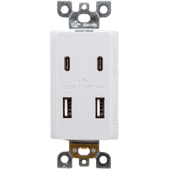 TG4THT-USB Receptacle Outlet - 4.8A USB C/A High Speed 4 USB Wall Charging Ports, Vertical Multi-Plug Socket, Electrical AC Replacement, Outlet Wall Plate Included - White