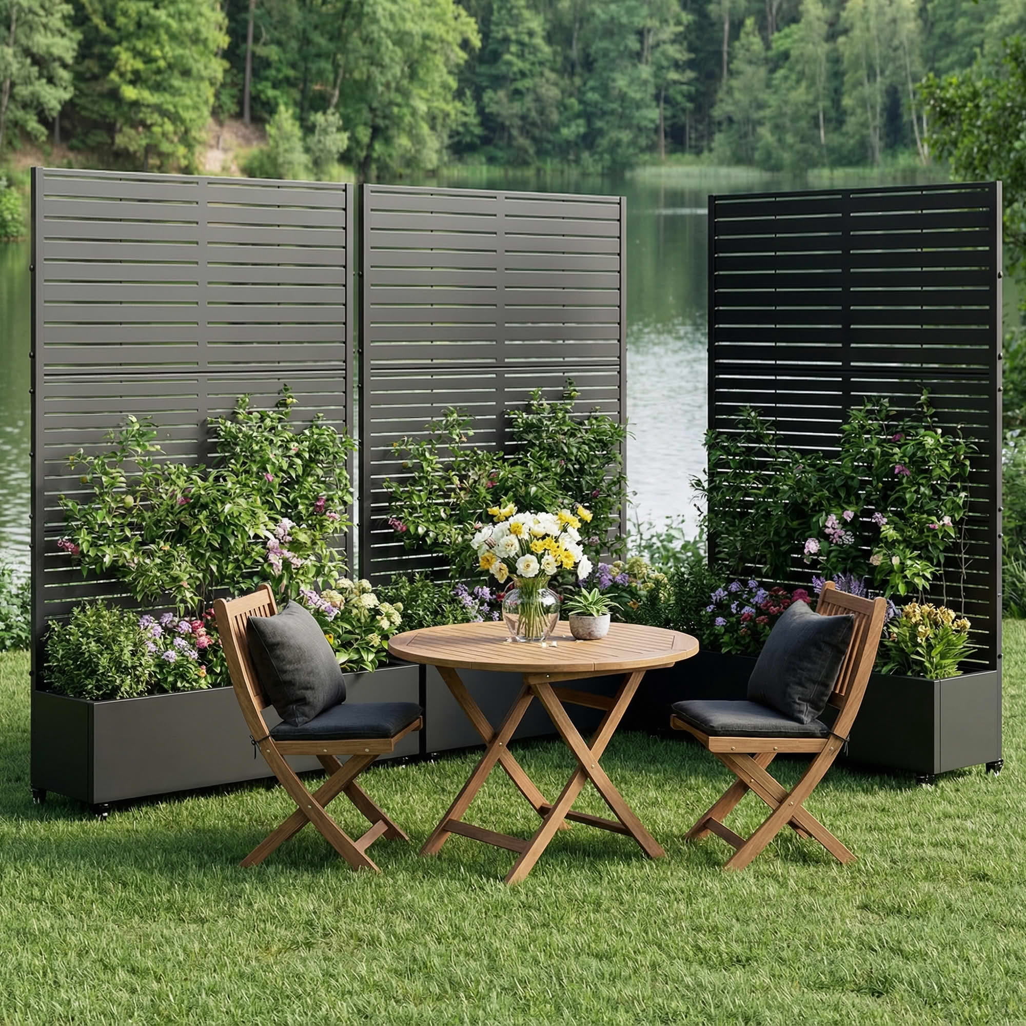 MAYEERTY 1-Pc 6 × 4FT Black Metal Raised Planter Box with Classic Louvered Trellis, 5-Pnl, for Patio Garden