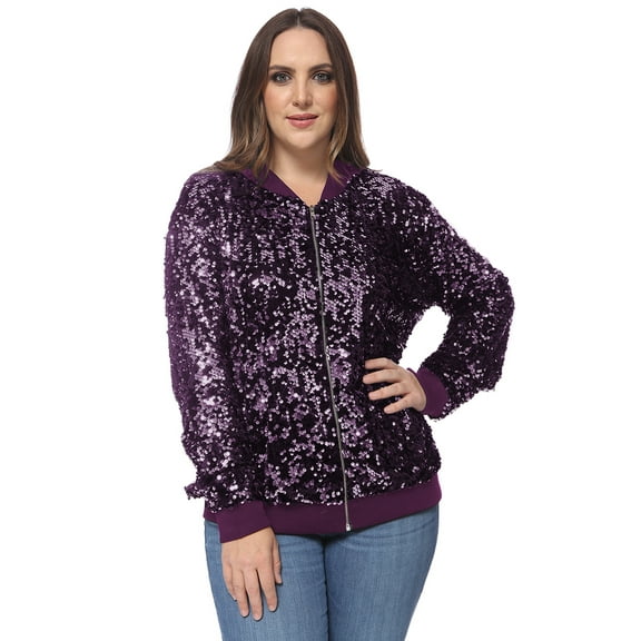 Women's Plus Size Sparkly Sequin Long Sleeve Zip Up Bomber Jacket Coat,Purple, X-Large