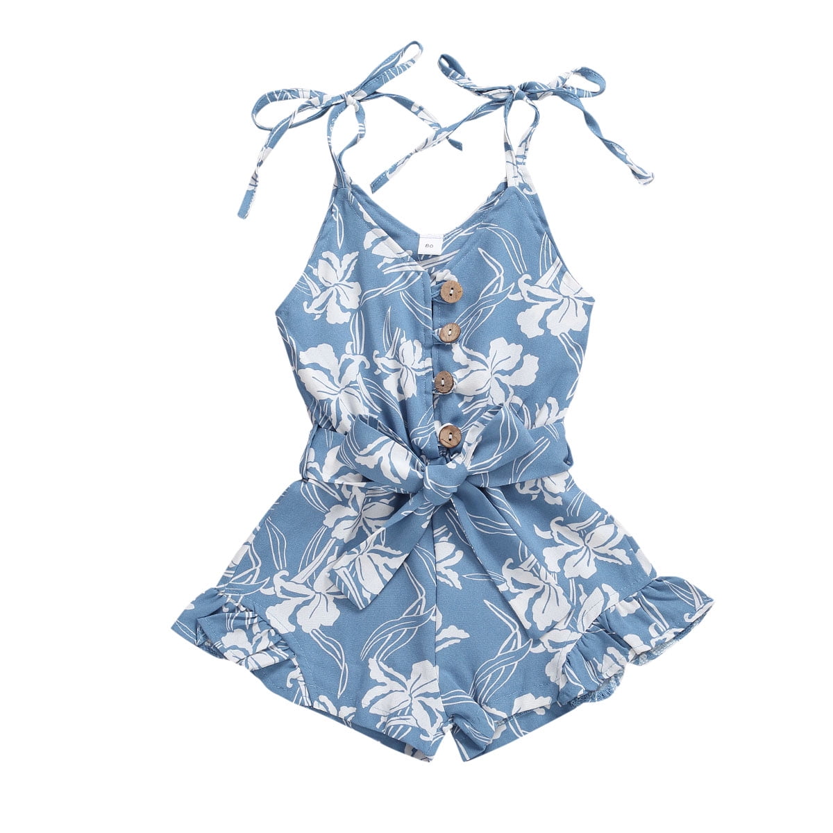 ITFABS Kid Girls Summer Sleeveless Romper V Neck Button Lace-up Print Jumpsuit