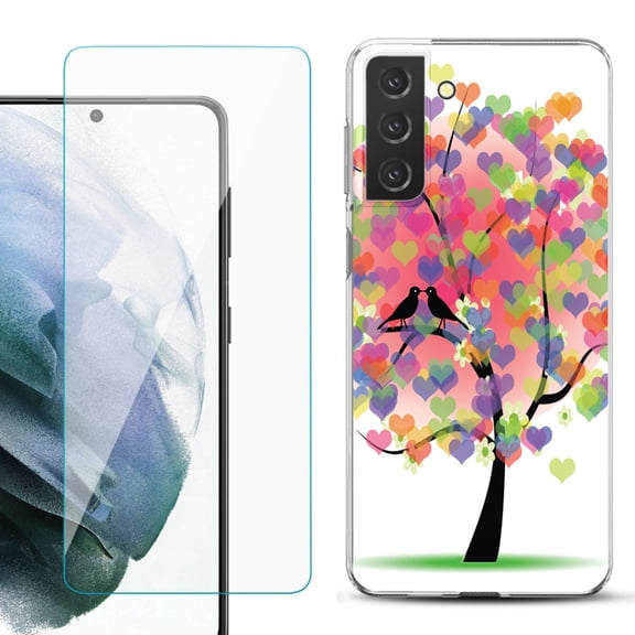 Slim-Fit TPU Fashion Phone Case for Samsung Galaxy S21 FE 5G Fan Edition, with Tempered Glass Screen Protector, by OneToughShield ® - Color Hearts Tree