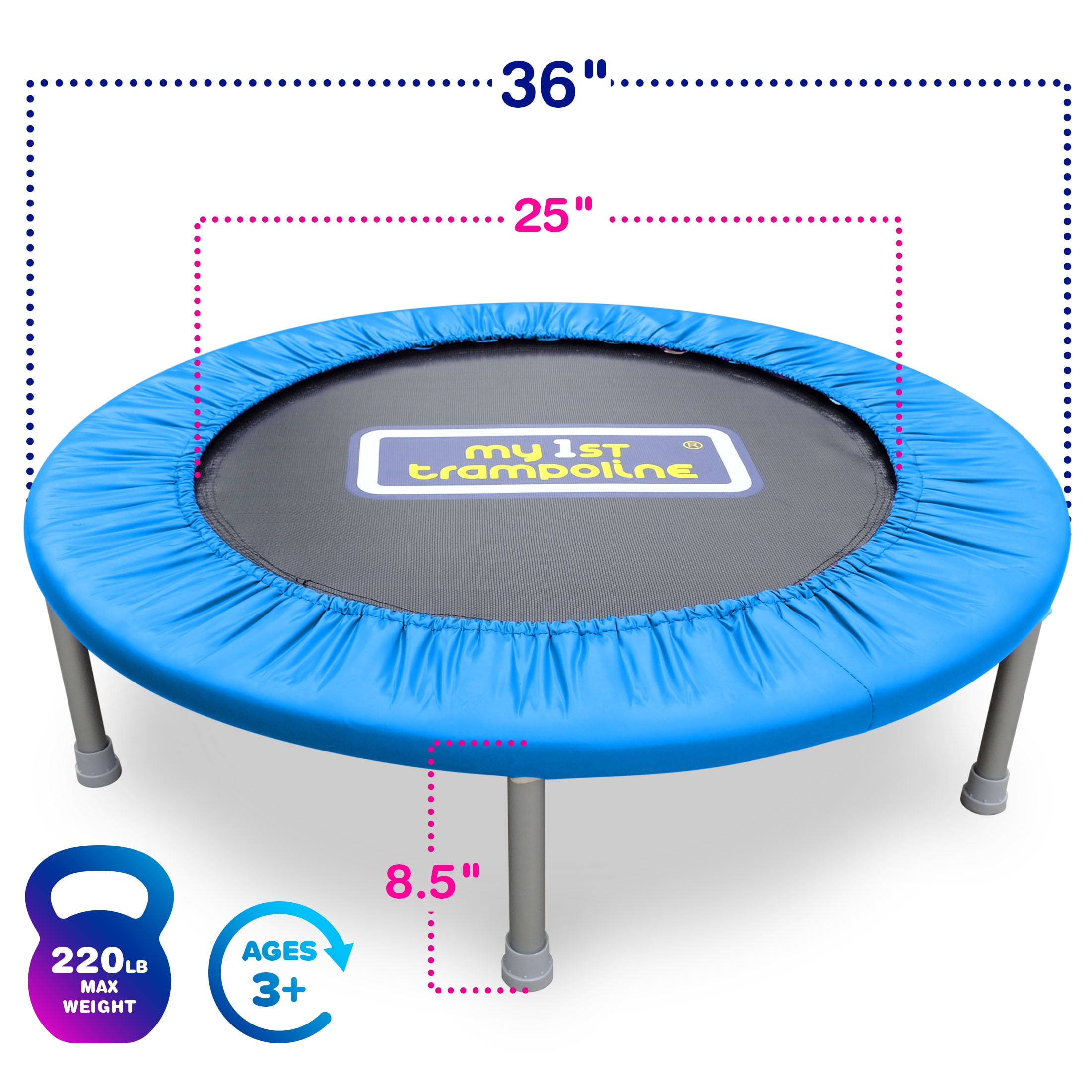 Sportspower My 1st Trampoline 36" Indoor/Outdoor Mini Rebounder Trampoline with No-Gap Padded Cover, for Toddlers & Kids Aged 3 to 10, Max Weight Capacity 220 LBS - BLUE