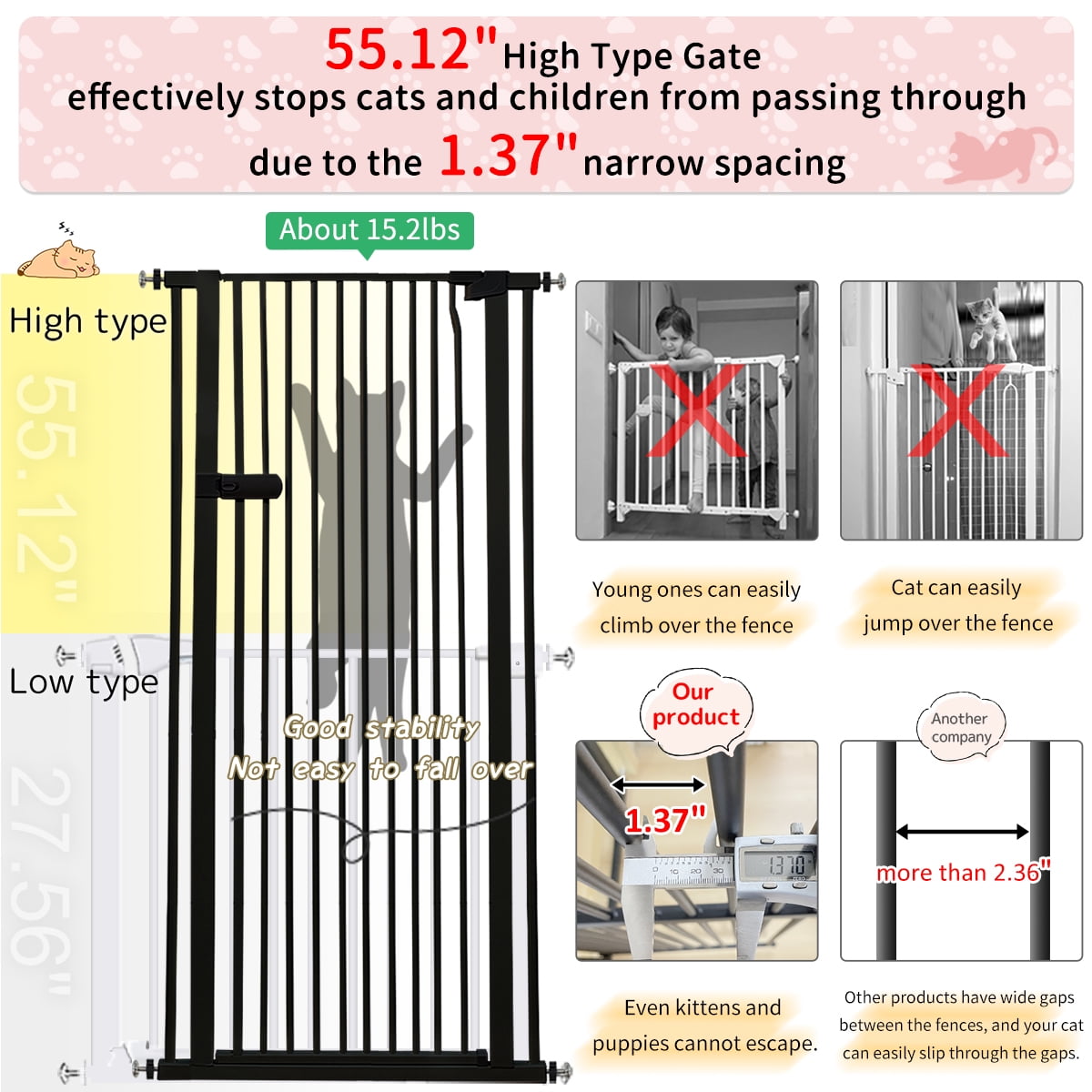 Lumizone Extra Tall Cat Gate 55.12" High Pressure Mounted Black 34.25"-38.38" Extra Wide 2025 New (10 Sizes) 1.37" Gap No Drilling Auto-Close One-Handed Operation Tall Pet Gate for Dogs
