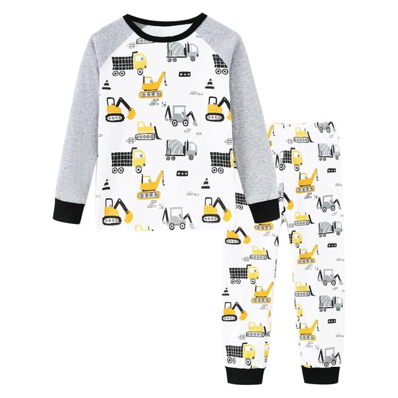BOOMNY Toddler Boys 2 Peice Pajamas Sets Cartoon Excavator Graphic Long Sleeve Sleepwear Tops Pants Pjs Set for Kids Cozy Loungewear Homewear