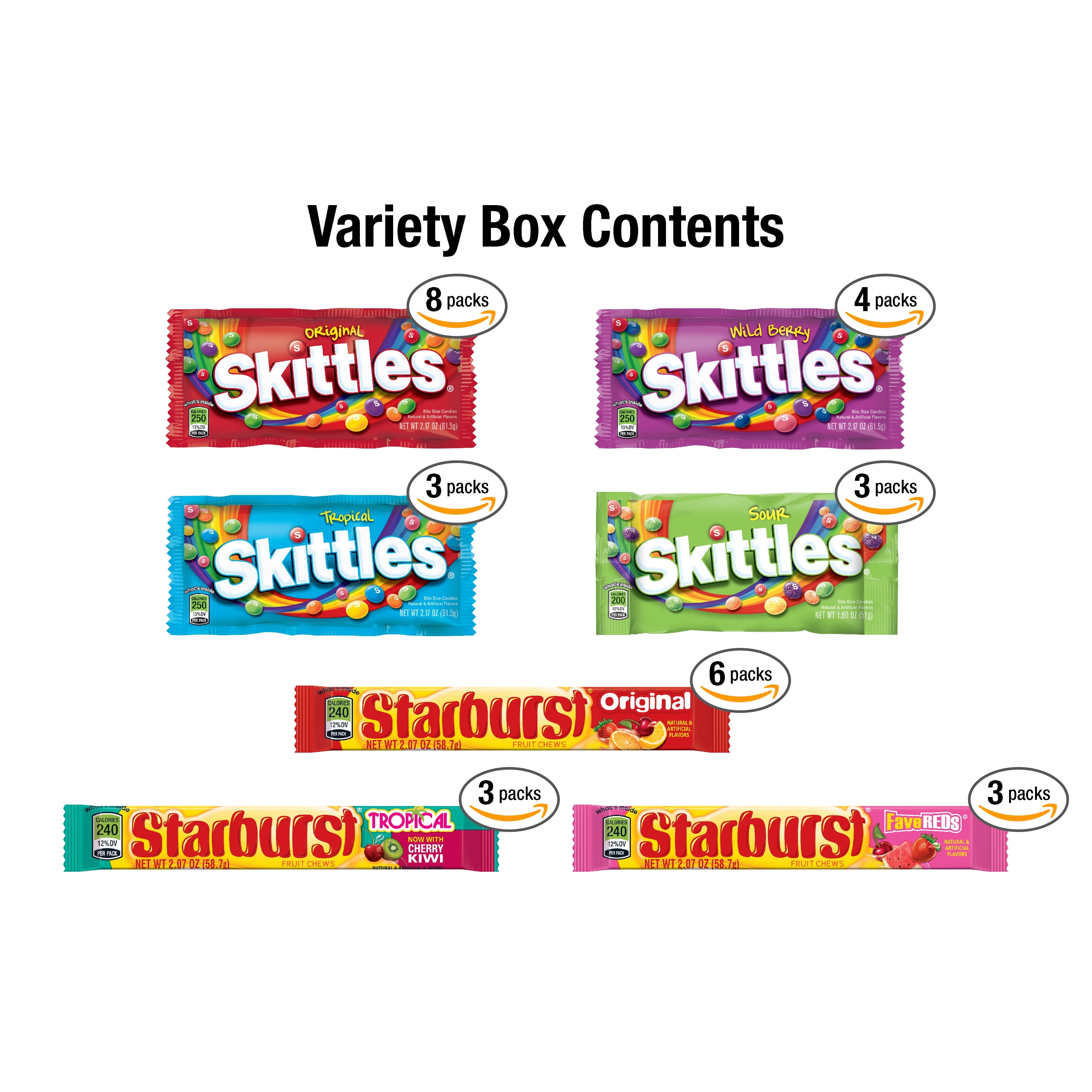 Skittles and Starburst Fruity Candy Variety Box, 30 Single Packs