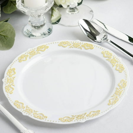10 Pack | 7.5" Gold Embossed Plastic Dessert Salad Plate, Round White ...