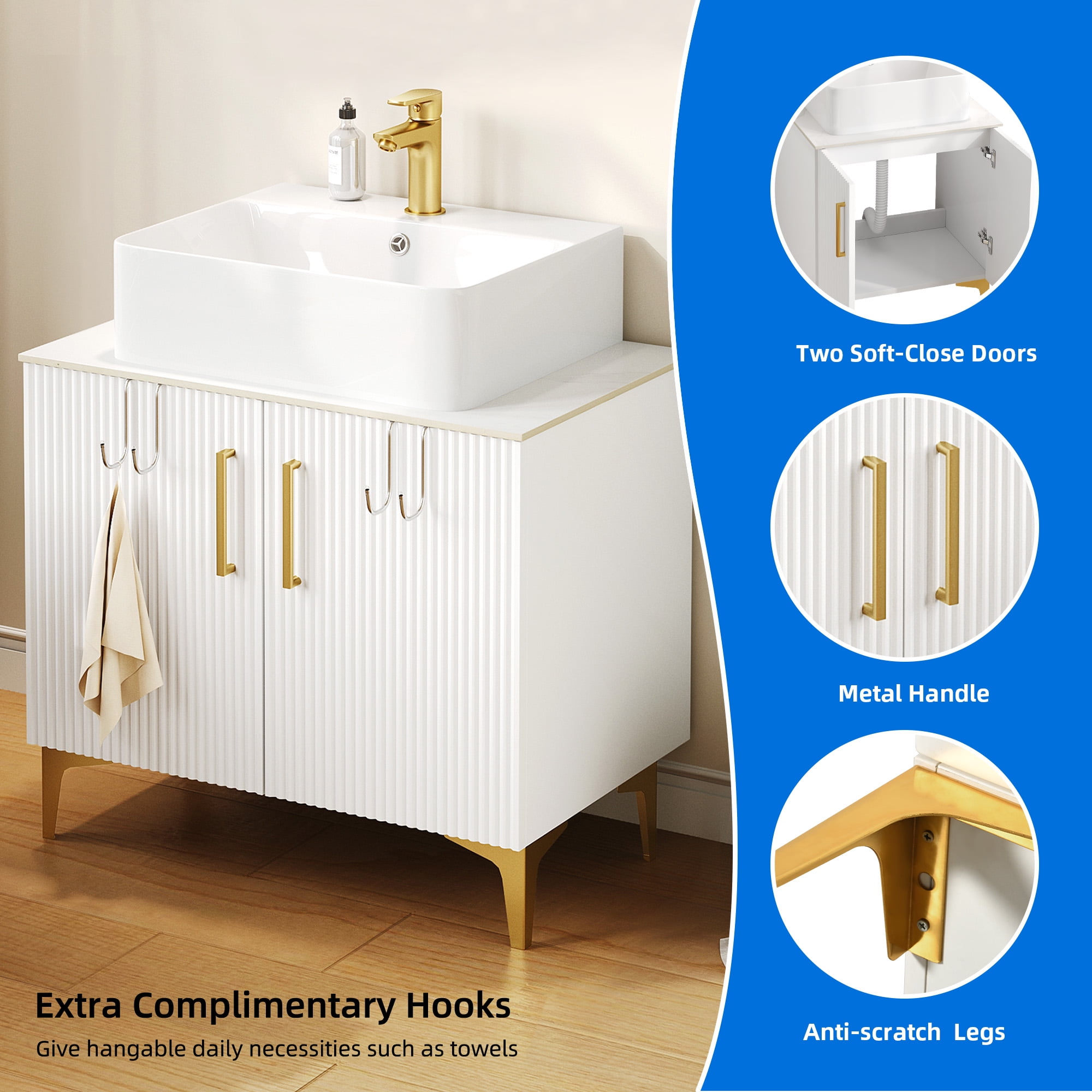 Uforic 30 Inch Bathroom Vanity with Countertop Sink Combo, Modern Bathroom Storage Cabinet with Drain, White and Gold