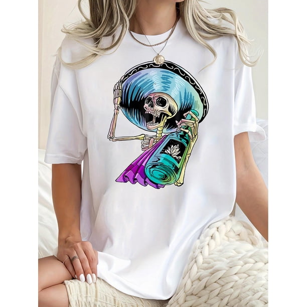 Camisetas para mujer, de verano, casual, manga corta, cuello redondo, con estampado, color blanco negro, blusaWomen's Fun Colorful Skull & Hat Print T-Shirt - Casual Crew Neck, Short Sleeve, Stretch