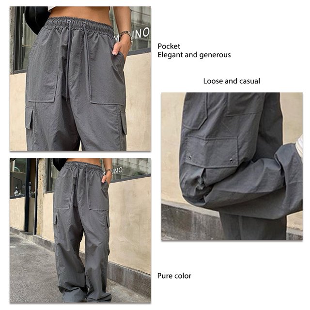 Pantalones Casuales Color Puro Bolsillo Grande Cordón Moda Pantalones Largos Sueltos para Mujer Gris S