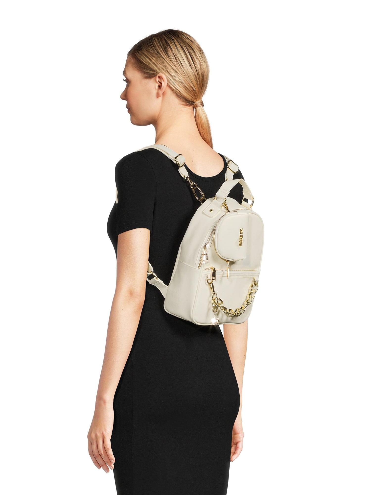 Madden NYC Women's Chain Accent Backpack with Removable Pouch Cream
