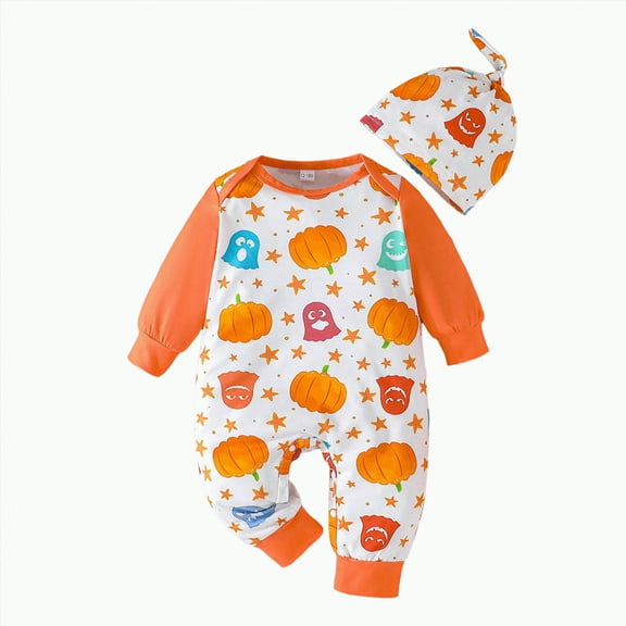 HCNTES Baby Boy Halloween Outfit Pumpkin Footed Romper Footie Jumpsuit Knot Hat Fall Clothes(9-12 Months,F66-Orange)