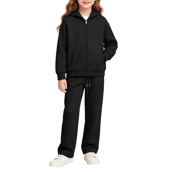Girls 2 Piece Outfits Sweatsuits Zip Up Hoodie Sweatshirt and Sweatpant Tracksuit Jogger Set Lounge Set Sweat Suit, Black, 5-6 Years