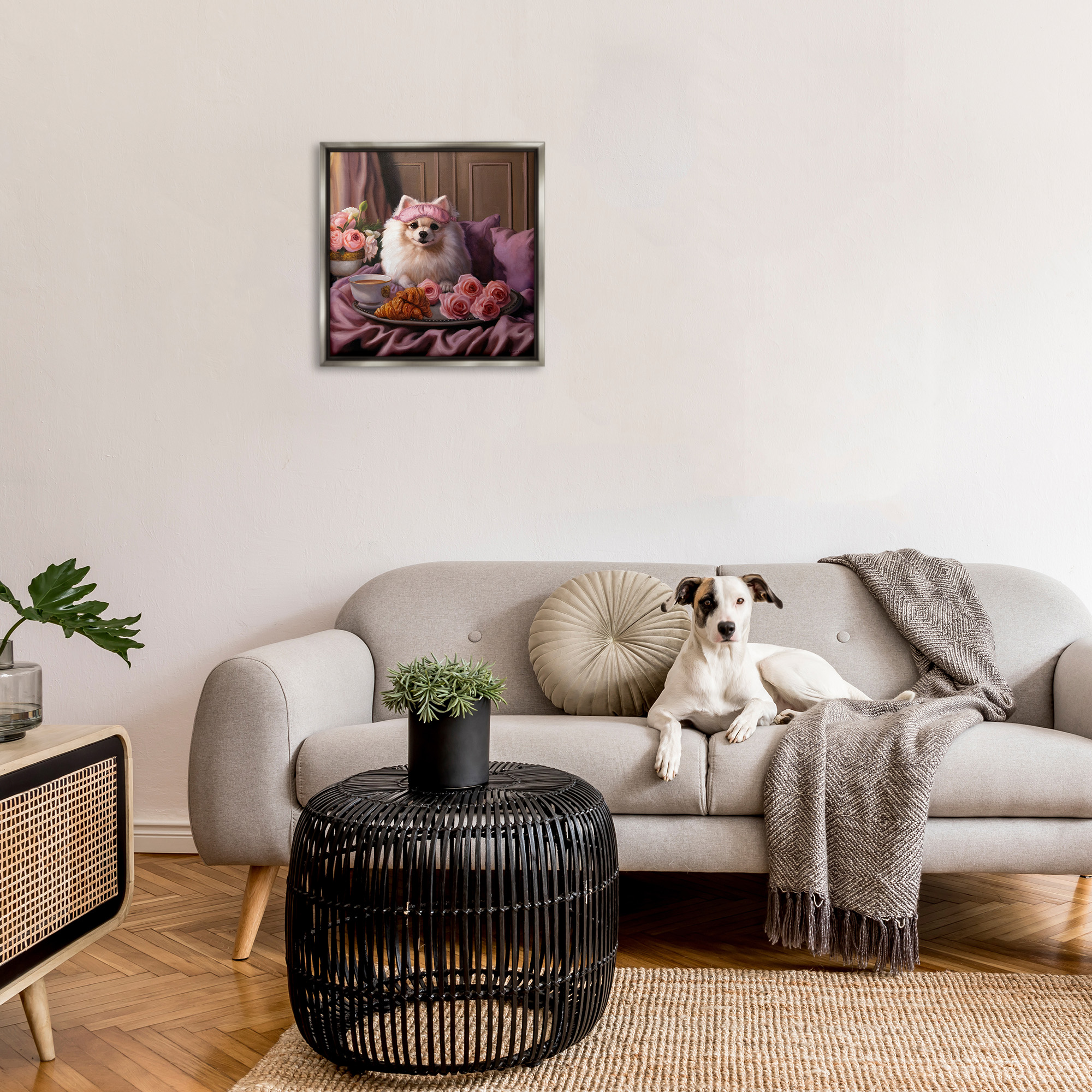 Stupell Industries Breakfast in Bed Dog Animals & Insects Painting Gray Floater Framed Canvas Art Print Wall Art, 25 x 25