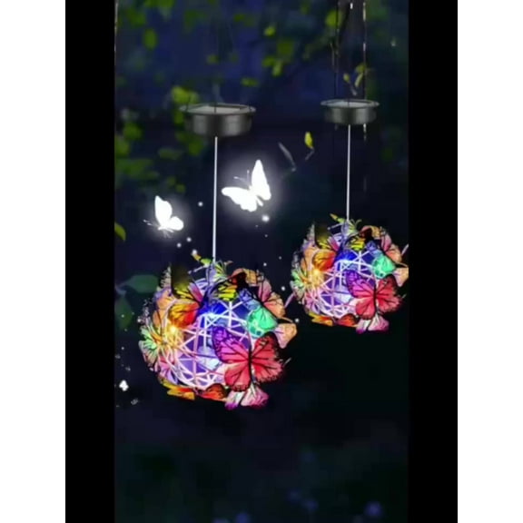 2pcs Solar Outdoor Colorful Butterfly Ball Shaped Lanterns-Hanging Lights-solar Outdoor Lights, 600mAh, IP54, Twenty Light Bulbs, Festival Atmosphere Lights, Garden And Yard Decorative Lights-