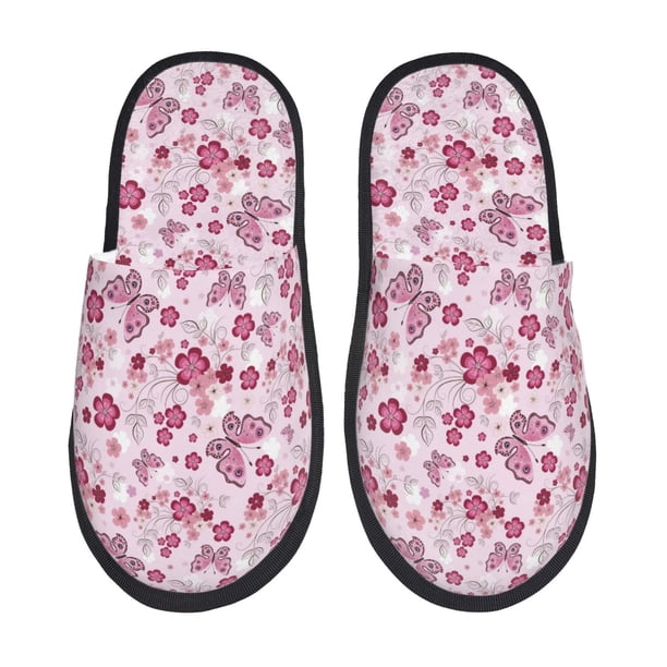 Balery Flower Butterfly Pantuflas de Casa de Felpa Silenciosas con Diseño Estampado, Zapatillas Cómodas Antideslizantes de Algodón para Interior-Medium