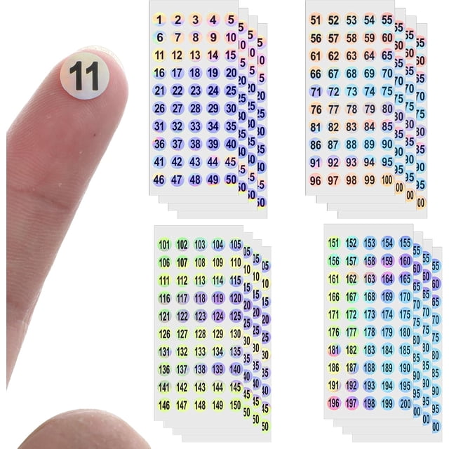 Mabor 16 Sheets Round Clear Number Stickers 1-200 - Sparkling Self Adhesive Labels for Organizing Storage Bins & Boxes