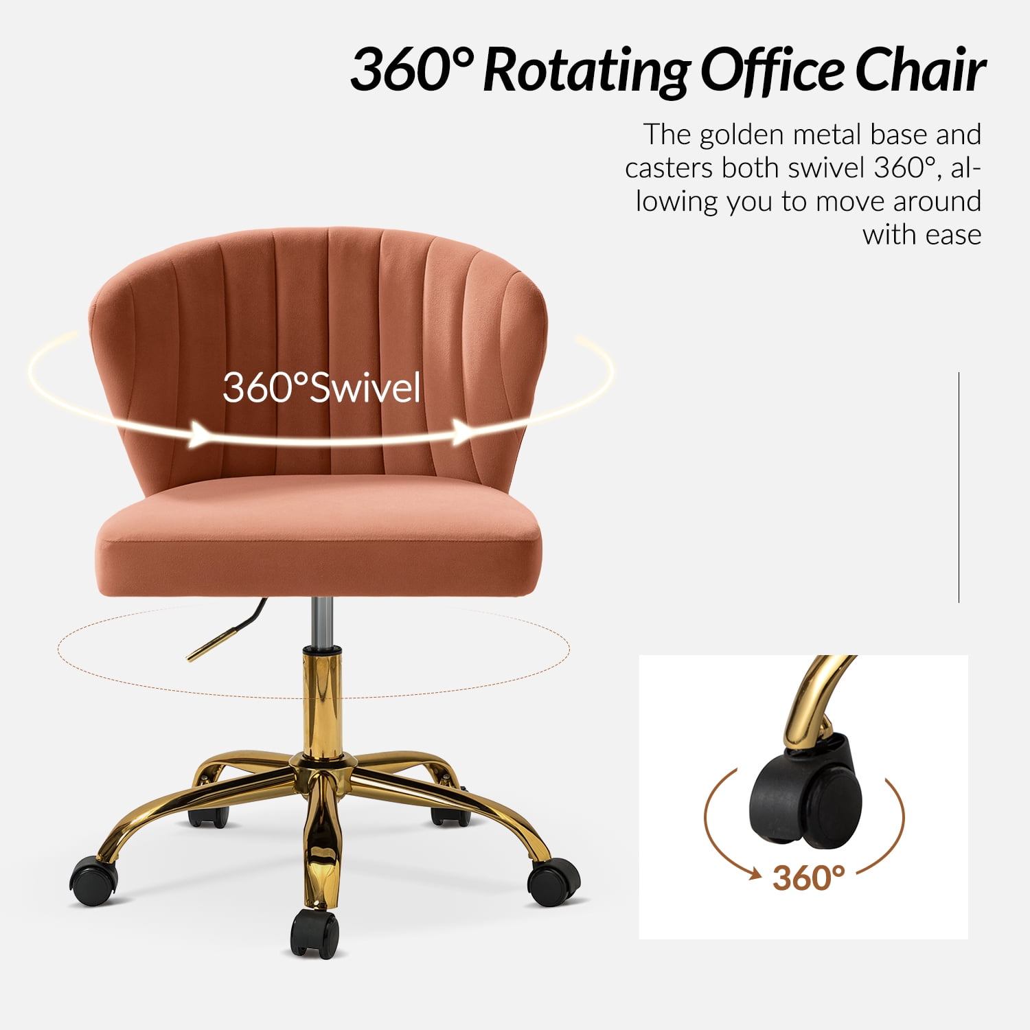 Tina's Home Coral Velvet Swivel Office Chair with Gold Legs, Adjustable Height Rolling Desk Chair for Vanity
