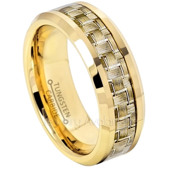 8mm Tungsten Ring - Polished Yellow Gold Plated Comfort Fit Beveled Edge Tungsten Ring with Golden Carbon Fiber Inlay - TN341WAs9