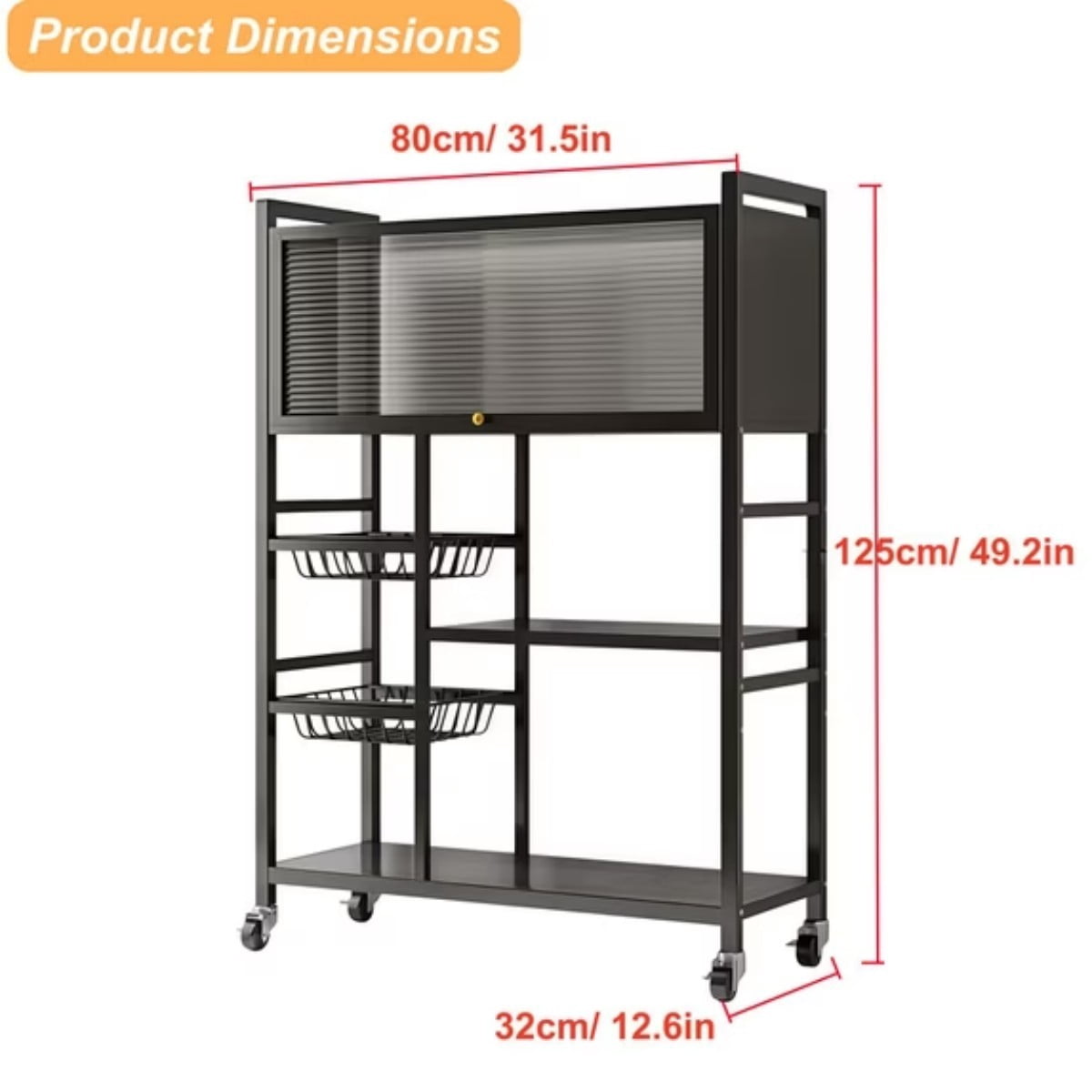 Rolling Kitchen Island, 4-Tier Kitchen Storage Cart with Dust-Proof Cabinet, 2 Removable Mesh Baskets, 360° Wheels, Slim Organizer Rack