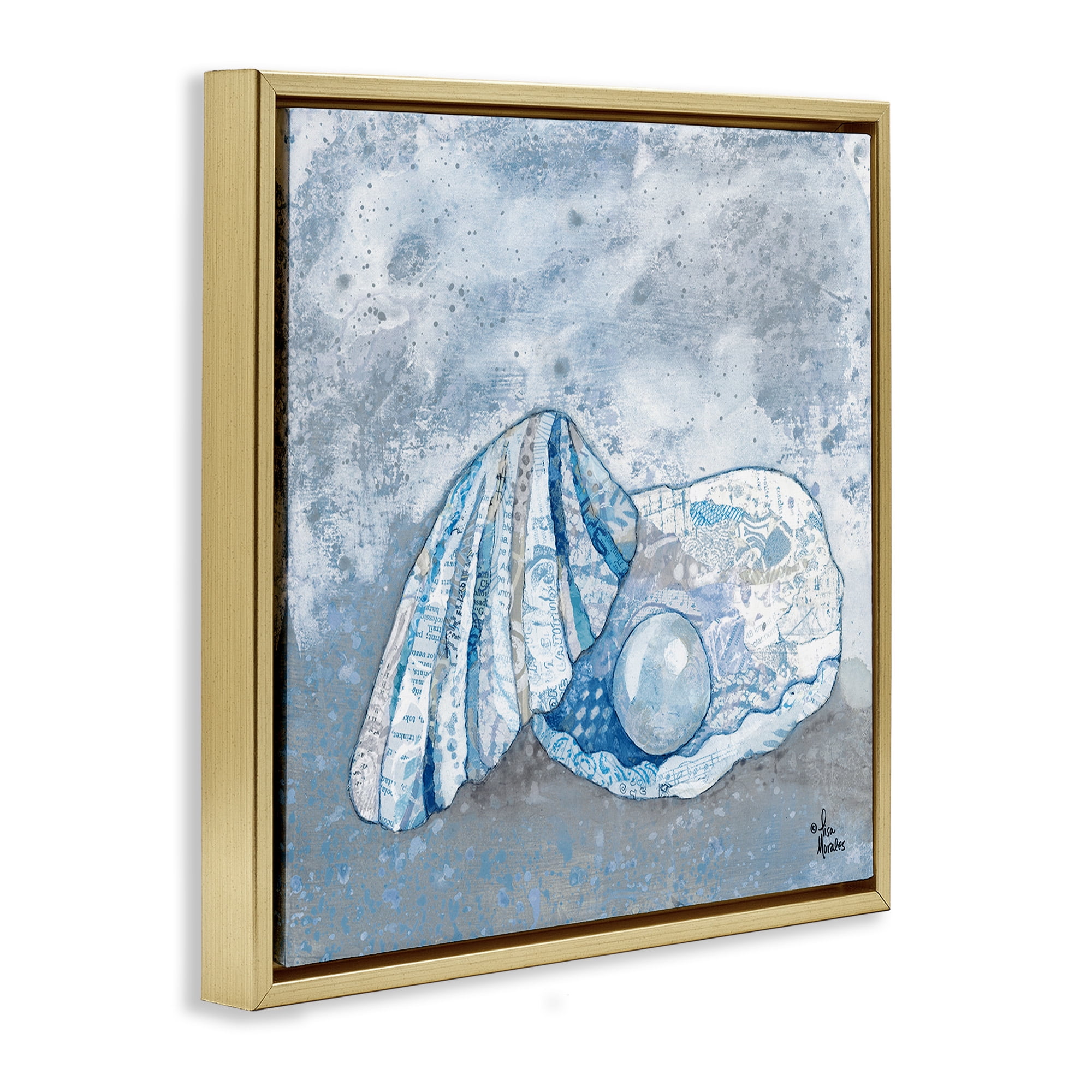 Stupell Industries Blue Abstract Clam Pearl Animals & Insects Painting Gold Floater Framed Canvas Art Print Wall Art, 18 x 18