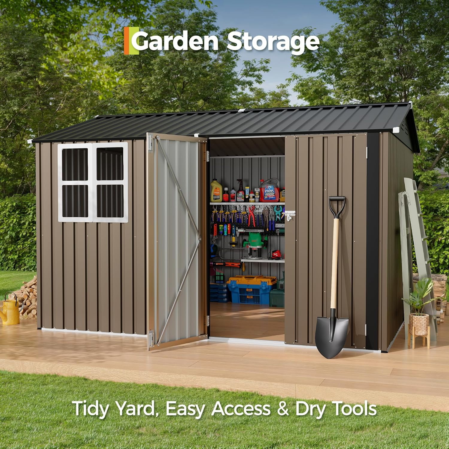 10X8 FT Storage Shed,Outdoor Storage Shed with Windows & Double Doors,Outdoor Tool Shed with 450 Cu Ft Space,Metal Sheds Outdoor Storage for Garden, Backyard, Patio and Backyard