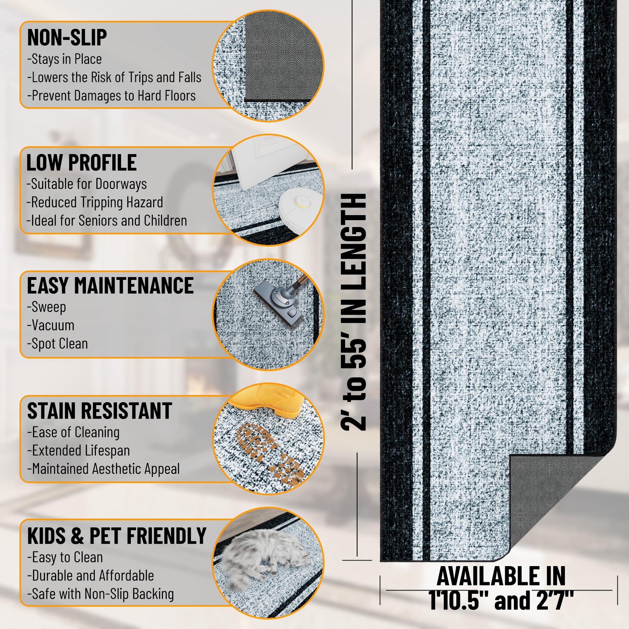 Ottomanson Aisle Runner Rug 1'10.5" x 27' Soft Non-Slip Indoor Rug, Border Gray