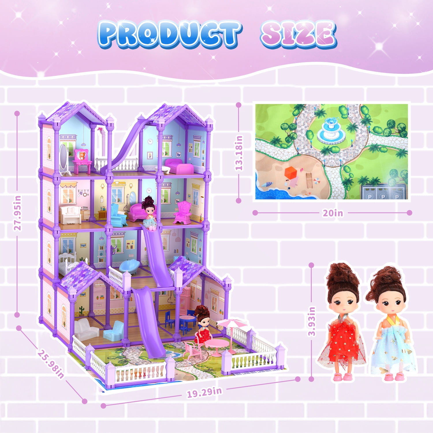 JoyStone Play Dollhouse with Doll Toy Figures, 14 Rooms Furniture and Colorful Lights, Creative Doll House Gift for Girls Ages 3+, Assemble Required, Purple