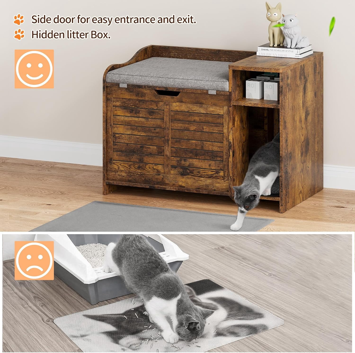 Hidden Cat Litter Box Furniture, Flip-Top Entryway Bench with Storage & Ventilation
