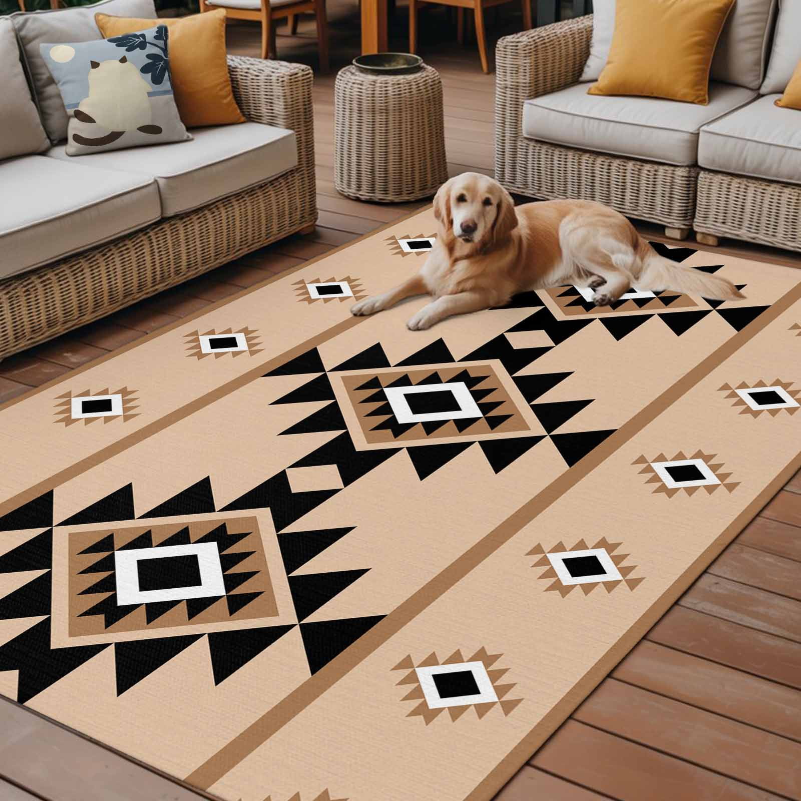 Fsddascl Brown Black Boho Outdoor Rug for Patio/Deck/Porch, Non-Slip Large Area Rug 6 x 9 Ft, Country Aztec Southwest Geometric Indoor Outdoor Rugs Washable Area Rugs, Reversible Camping Rug Carpet