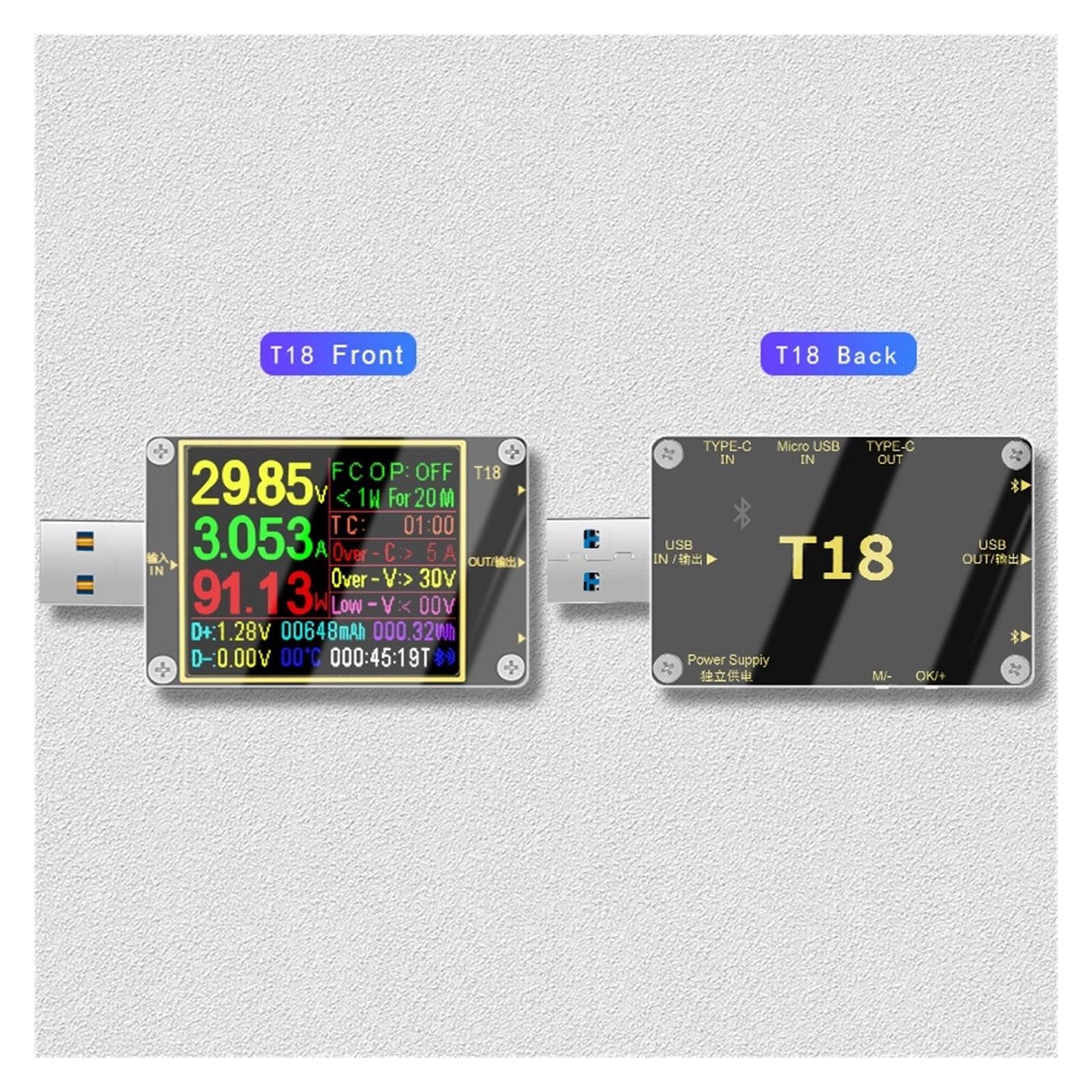 18 IN 1 USB Tester T18 Digital Voltmeter Ammeter Voltimetro DC Power Volt Meter Current Voltage Doctor 1.8" PD QC3.0 Detector ,Live Data