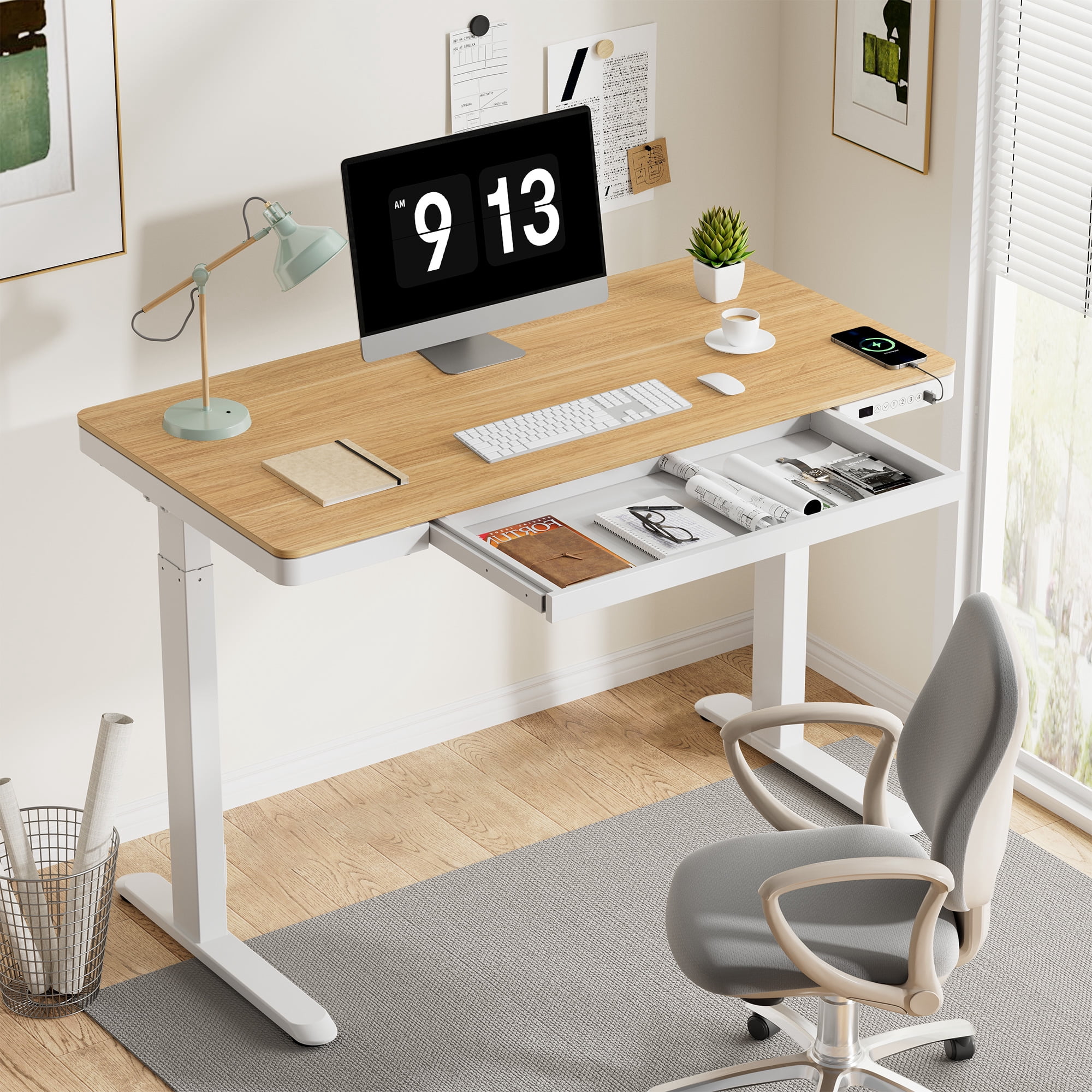 FLEXISPOT 48" W Home Office Height Adjustable Standing Desk White and Maple with USB Charge Ports and Embedded Drawer