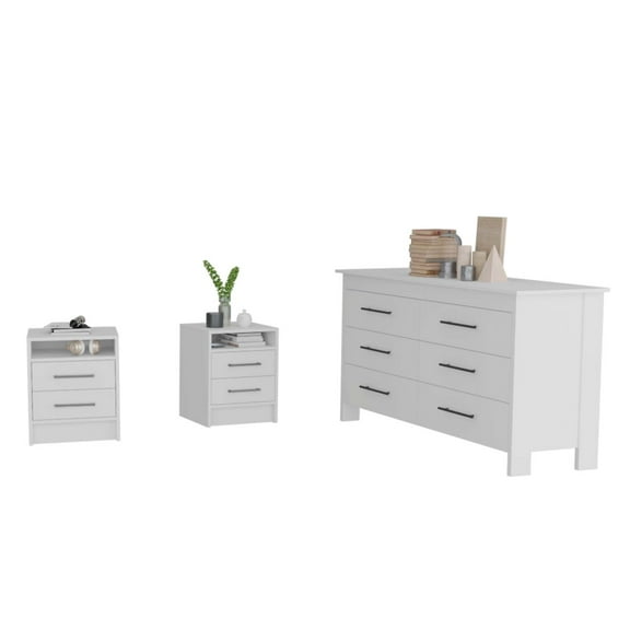 Kearny 3 Piece Bedroom Set, Hms 6 Drawer Double Dresser 2 Eter Nightstands, White