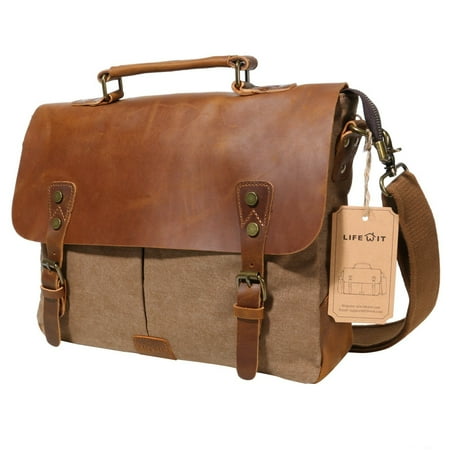 Lifewit Leather Laptop Satchel Messenger Bag Canvas Briefcase, Coffee 14