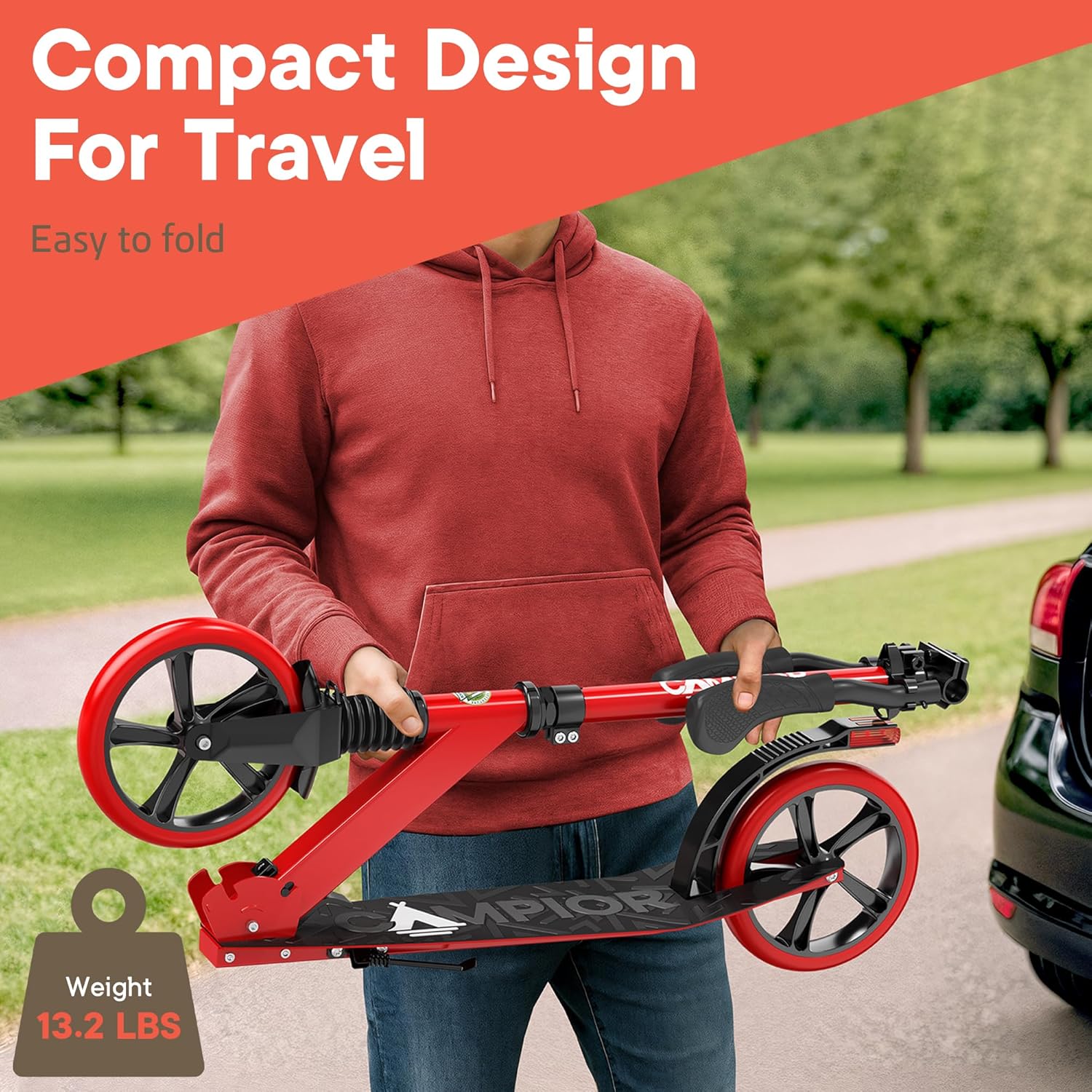 Campior Foldable Kick Scooter for Ages 6+, Kids/Teens/Adults, 240 lb Max Load, 8-inch Wheels, 3 Height Levels, Kickstand, Safety Approved, Red
