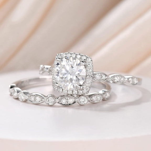 Bow Jewel Brilliant 1.85 Ct Round Cut Lab Created Diamond Anniversary Ring - White Gold Plated 14K Diamond Ring - Cushion Halo and Round Cut Diamond Ring - Bridal Set Diamond Ring - Anniversary Gifts