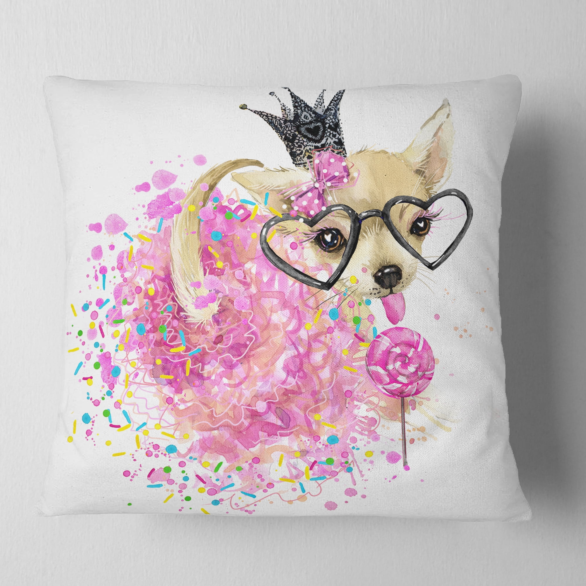 Designart Cute Dog with Crown and Glasses - Contemporary Animal Throw Pillow - 18x18