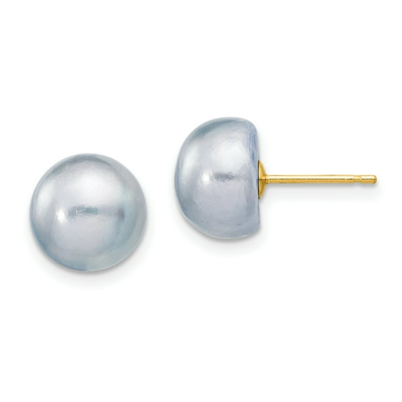 Primal Gold 14 Karat Yellow Gold 9-10mm Grey Button Freshwater Cultured Pearl Stud Post Earrings
