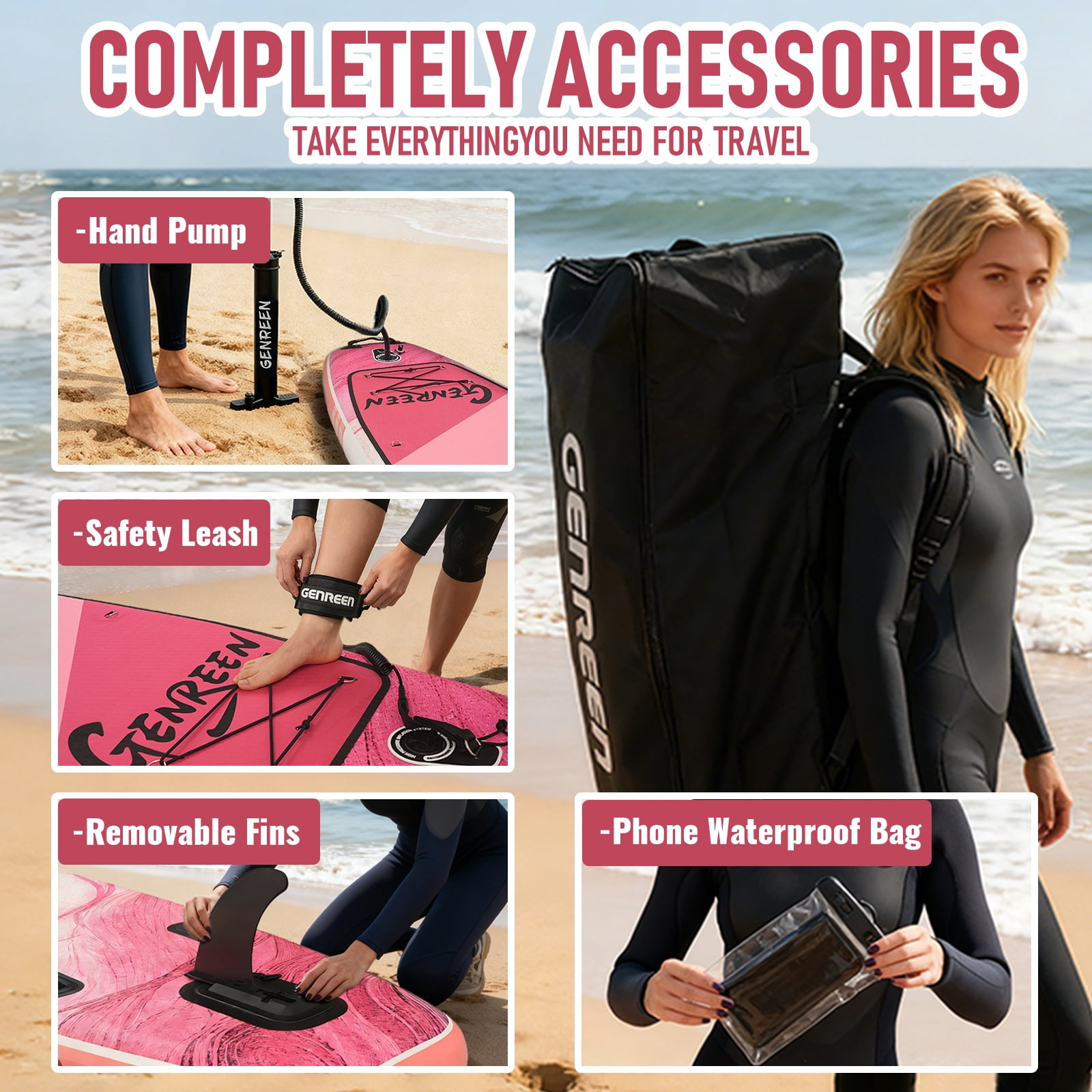 Genreen Inflatable Stand Up Paddle Board with SUP Accessories, 11ft Fishing Paddle Boards for All People of All Skill Levels