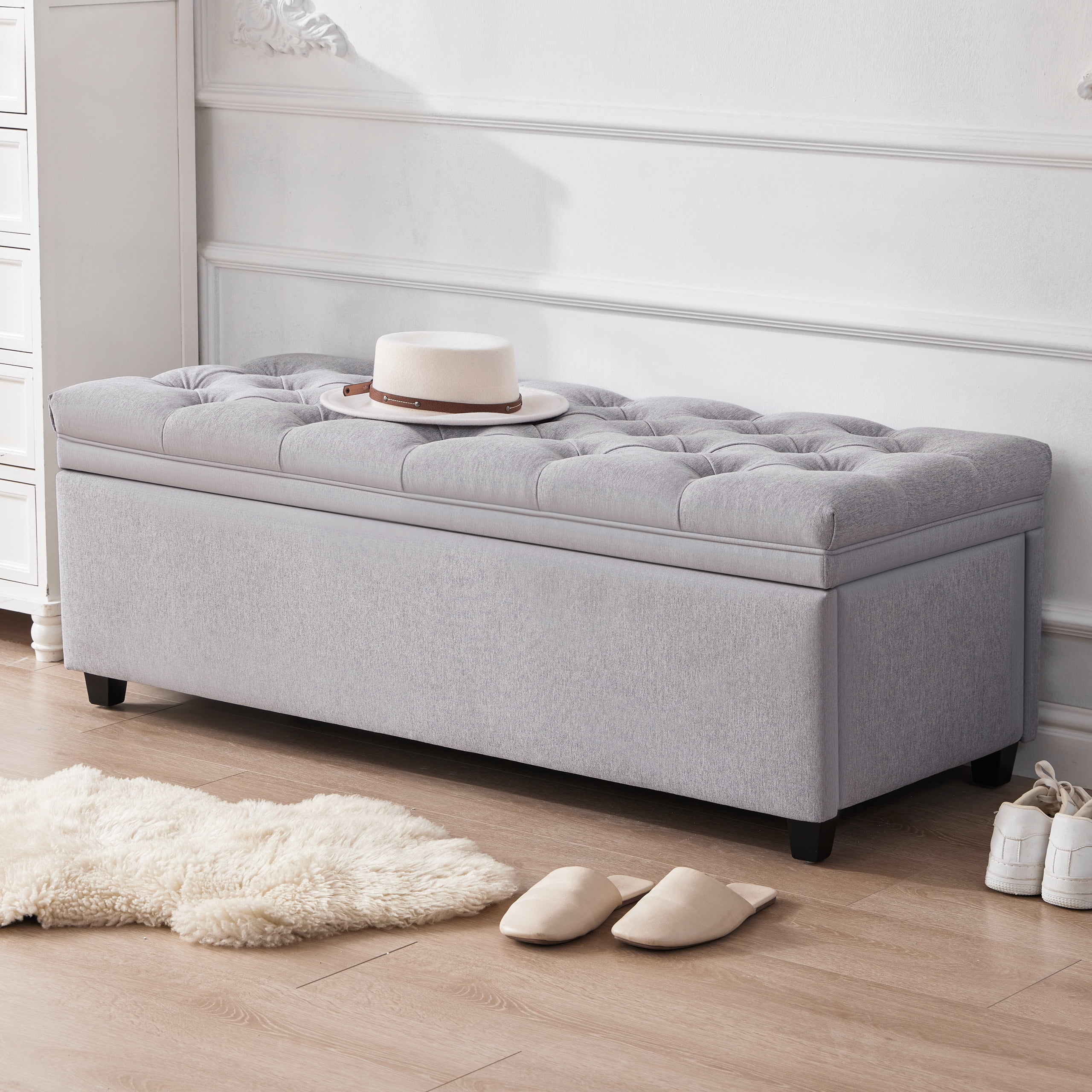 Mangodan 50" Storage Ottoman Bench, Tufted Ottoman With Storage Bench for Living Room, Large End of Bed Bench Ottomans, Modern Entryway Benches, Window & Bedroom Benches for Foot of Bed, LightGray