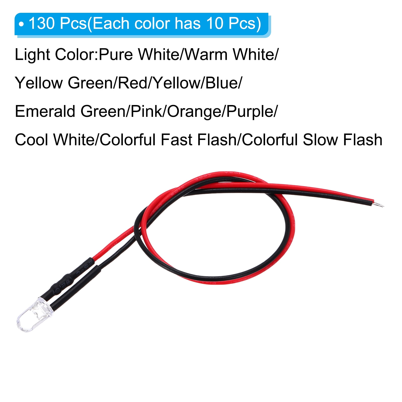 Uxcell 5mm LED Diode Light, 130 Pcs 4.5-6V DC Pre Wired Mini LED Lights Bulb Light-emitting Lamp for RC DIY Indicator Lighting, Assorted Color (10 PCS/Color)
