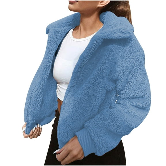 jtjvou Women's Short Faux Fur Coat Casual Shaggy Jacket with Pockets Warm Winter Zip-Up Fluffy Outwear Blue L
