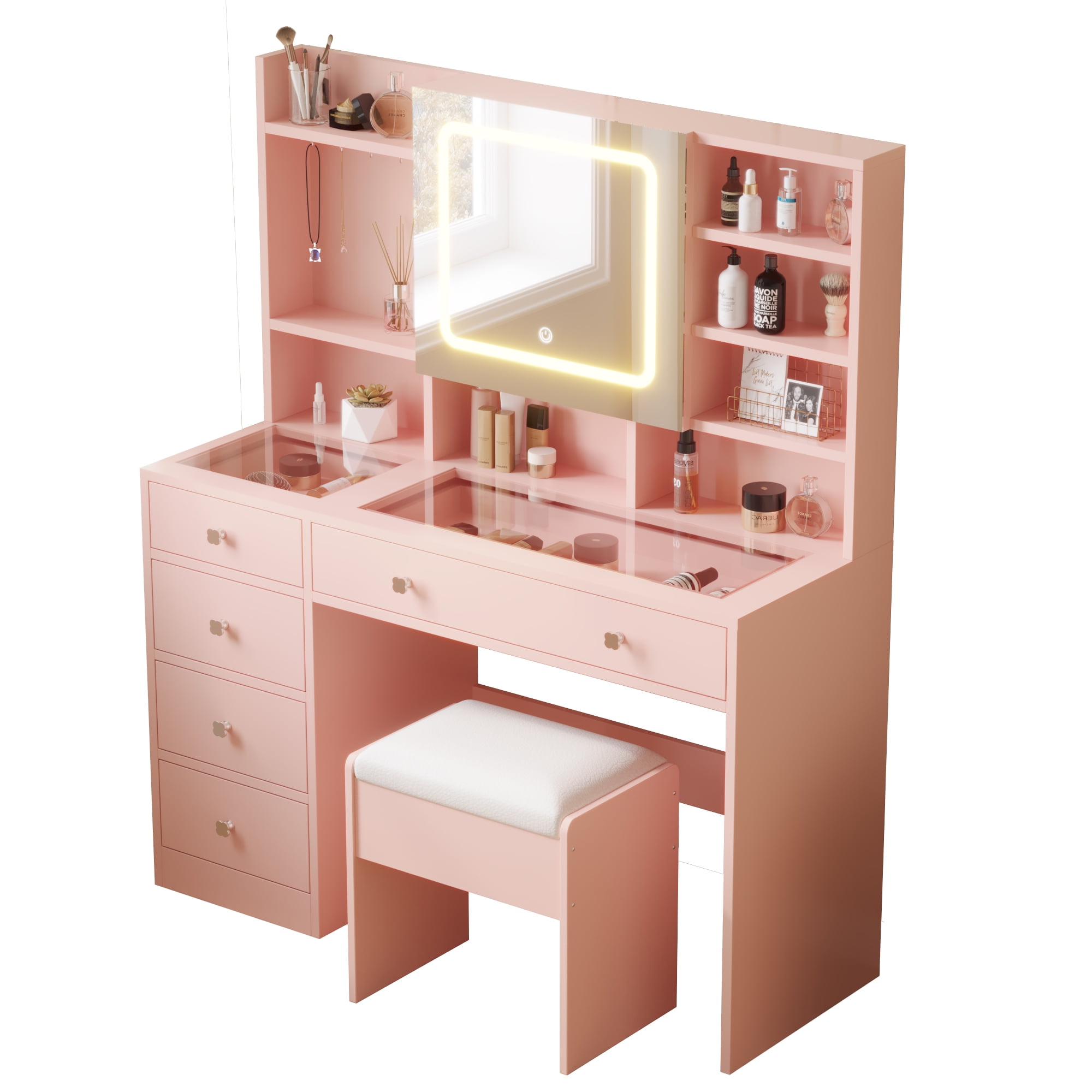 Ktaxon Large 47.2" Makeup Vanity with 3 Color Lights, Dressing Table with USB Charging Station, Light Pink