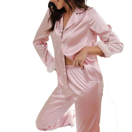 

2pcs Set Elegant Lapel Neck PJ Pant Sets Long Sleeve Baby Pink Women s Pajama Sets (Women s)