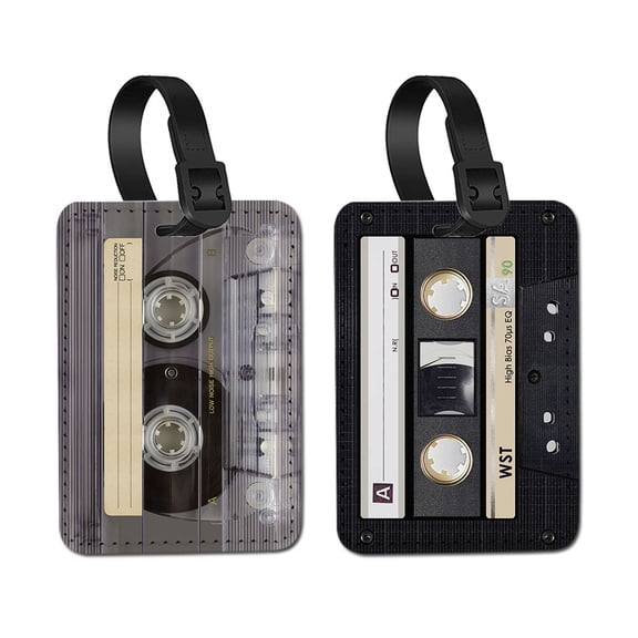 WIRESTER 2pcs Set PU Leather Luggage Tags Privacy Label Flap for Travel Suitcase Baggage - Retro Cassette Tape & Retro Black Cassette Tape