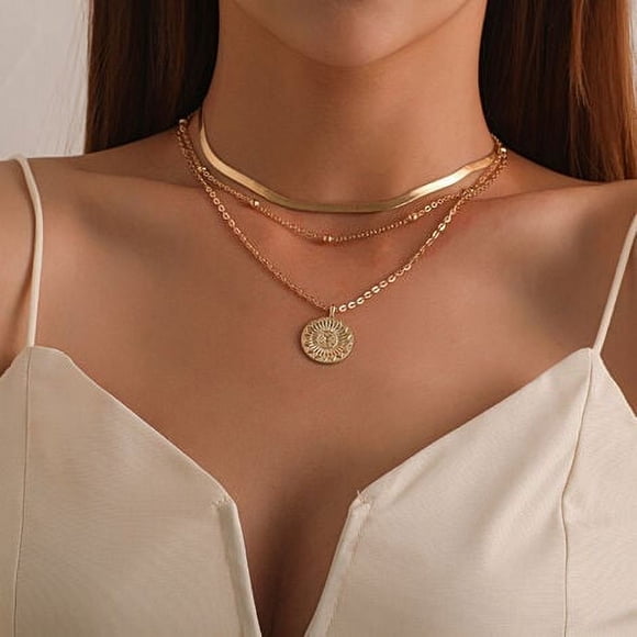 PinesC Boho Flower Coin Layered Necklace Choker Necklaces Pearl Pendant Necklace for Women (Coin Layered Necklace)